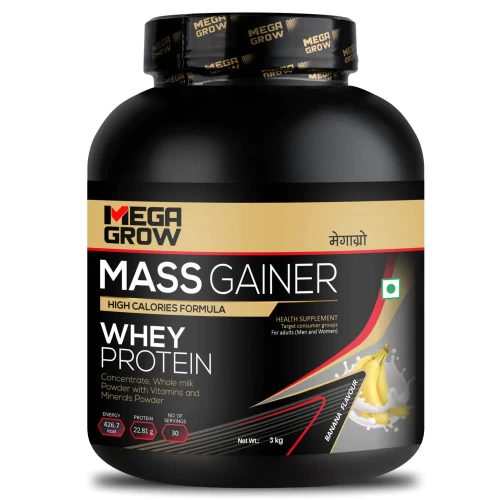 Megagrow Mass Gainer Whey Protein Powder Banana Flavour -High Calories Formula for Weight Gain | 30 Servings, Pack of 3 Kg