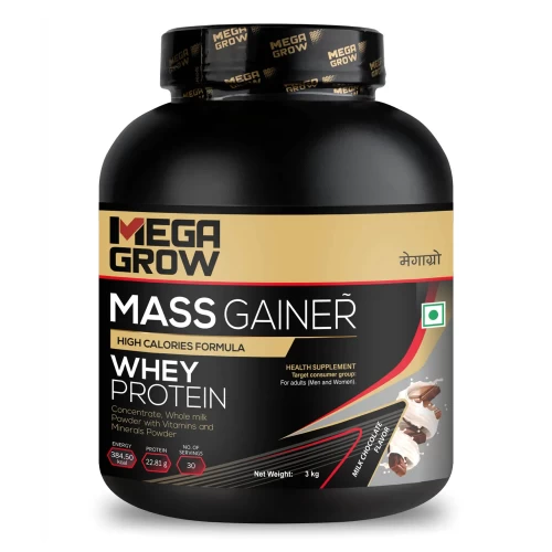 Megagrow Mass Gainer Whey Protein Powder Milk Chocolate Flavour - High Calories Formula for Weight Gain | 30 Servings, Pack of 3 Kg