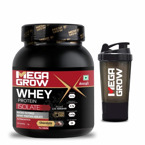 Megagrow Isolate Whey Protein Powder Chocolate Flavor with Shaker, Energy 125kcal | 24.5g Protein, 4.7g BCAA - 29 Servings, Pack of 1 Kg