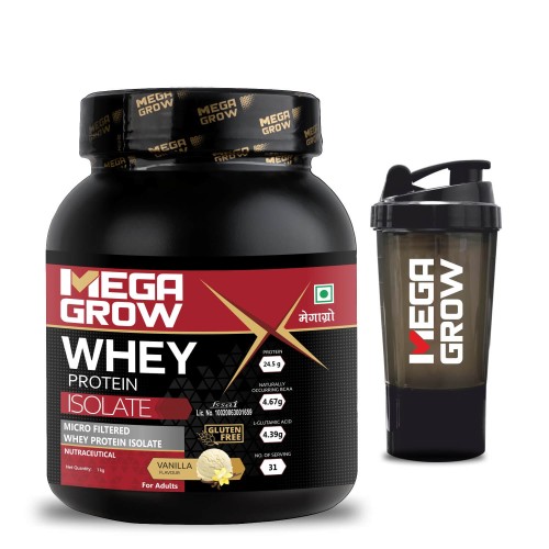 Megagrow Isolate Whey Protein Powder Vanilla Flavored with Shaker | Energy 125 kcal | 24.5 g Protein, 4.67 g BCAA - 31 Servings, Pack of 1 Kg