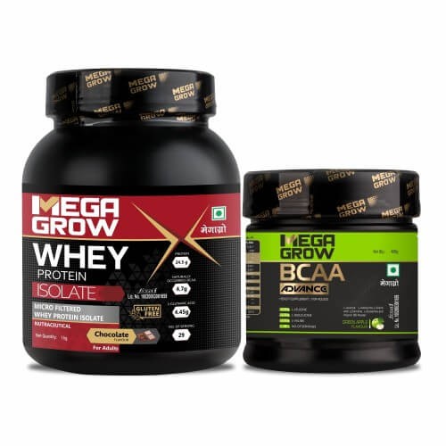 Megagrow BCAA Advance Supplement Powder Green Apple Flavored, 400g with Isolate Whey Protein Powder Chocolate Flavor 1kg-Combo Pack