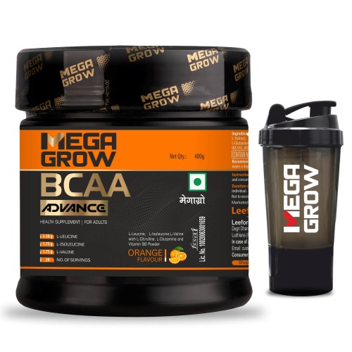 Megagrow BCAA Advance Supplement Powder Orange Flavor with Shaker - Zero Sugar | 29 Servings, 400gm