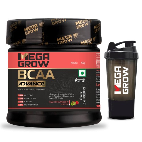 Megagrow BCAA Advance Supplement Powder Kiwi Strawberry Flavor with Shaker - Zero Sugar | 29 Servings, 400gm