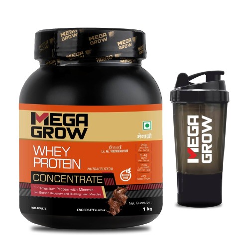 Megagrow Whey Protein Concentrate Chocolate Flavor with Shaker | Energy 373.03 kcal | 24gm Protein Per Serve | 5.4gm BCAA | 28 Servings- 1 Kg