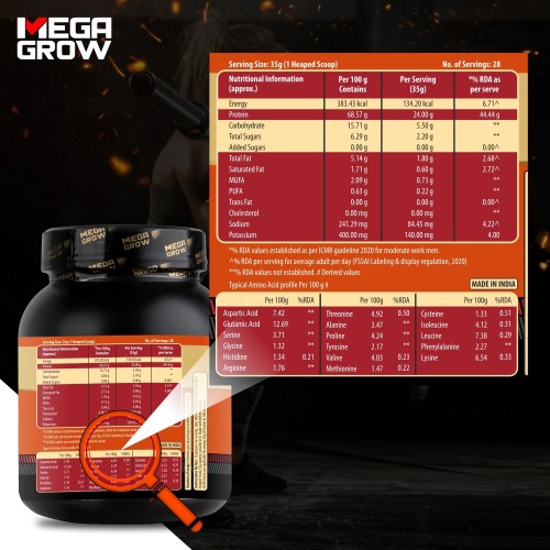 Megagrow Whey Protein Concentrate Chocolate Flavor with Shaker | Energy 373.03 kcal | 24gm Protein Per Serve | 5.4gm BCAA | 28 Servings- 1 Kg