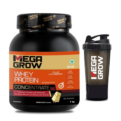 Megagrow Whey Protein Concentrate Mawa Kulfi Flavor with Shaker | Energy 373.03 kcal | 24gm Protein Per Serve | 5.4gm BCAA | 28 Servings- 1 Kg