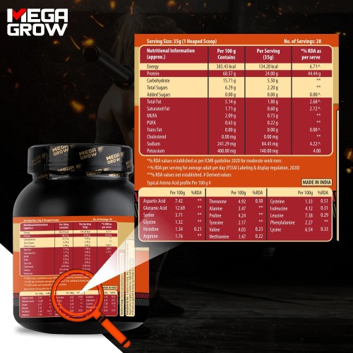 Megagrow Whey Protein Concentrate Mawa Kulfi Flavor with Shaker | Energy 373.03 kcal | 24gm Protein Per Serve | 5.4gm BCAA | 28 Servings- 1 Kg