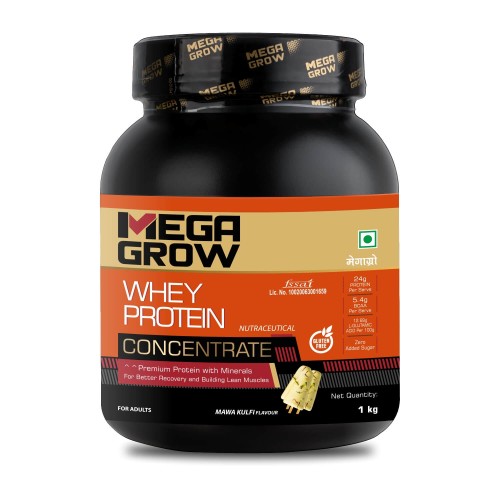 Megagrow Whey Protein Concentrate Mawa Kulfi Flavor | Energy 373.03 kcal | 24gm Protein Per Serve | 5.4gm BCAA | 28 Servings- Pack of 1 Kg
