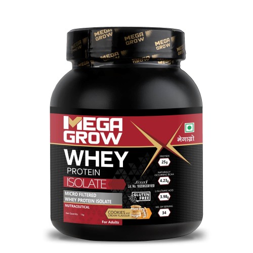 Megagrow Isolate Whey Protein Powder Cookies and Cream Flavor with Energy 105.17kcal | 25g Protein, 4.23g BCAA| 34 Servings- Pack of 1 Kg