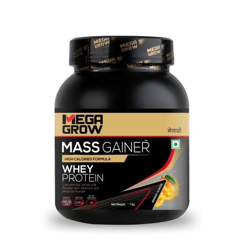 Megagrow Mass Gainer Whey Protein Powder Mango Flavor - High Calories Formula for Weight Gain | 10 Servings, Pack of 1 Kg