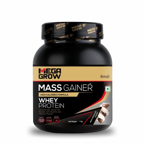 Megagrow Mass Gainer Whey Protein Powder Milk Chocolate Flavor -High Calories Formula for Weight Gain - 10 Servings, Pack of 1 Kg