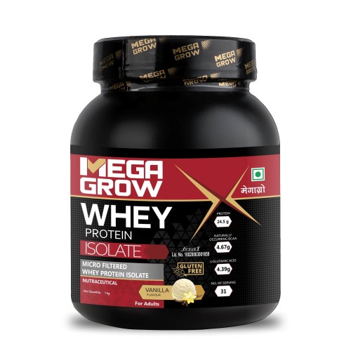 Megagrow Isolate Whey Protein Powder Vanilla Flavored | Energy 125 kcal | 24.5 g Protein, 4.67 g BCAA - 31 Servings, Pack of 1 Kg