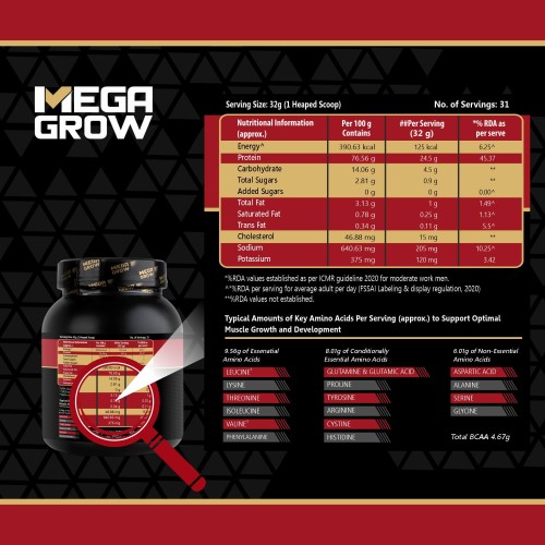 Megagrow Isolate Whey Protein Powder Vanilla Flavored | Energy 125 kcal | 24.5 g Protein, 4.67 g BCAA - 31 Servings, Pack of 1 Kg