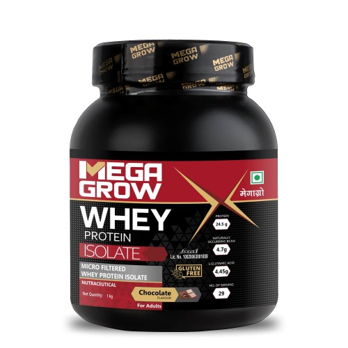 Megagrow Isolate Whey Protein Powder Chocolate Flavor , Energy 125kcal | 24.5g Protein, 4.7g BCAA - 29 Servings, Pack of 1 Kg