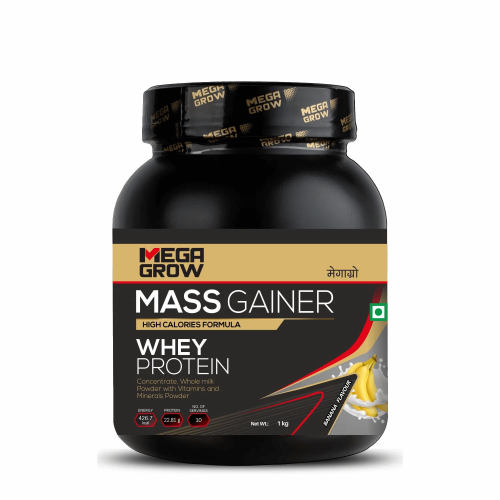 Megagrow Mass Gainer Whey Protein Banana Flavor - High Calories Formula for Weight Gain | 10 Servings, Pack of 1 Kg