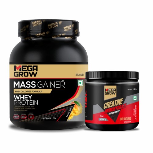 Megagrow - Mass Gainer Whey Protein Mango Flavor 1kg + Creatine Monohydrate Powder 250g, Pre/Post Workout Supplement Combo Pack