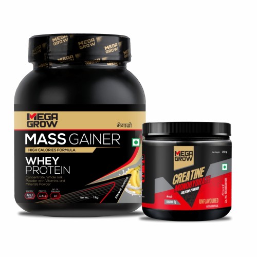 Megagrow - Mass Gainer Whey Protein Banana Flavor 1kg + Creatine Monohydrate Powder 250g, Pre/Post Workout Supplement Combo Pack