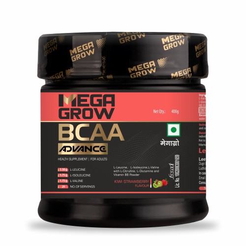 Megagrow BCAA Powder: Kiwi Strawberry | Zero sugar, 8.40 Kcal energy, L-leucine 3.50g, L-isoleucine 1.75g, L-valine 1.75g in a 400g container.
