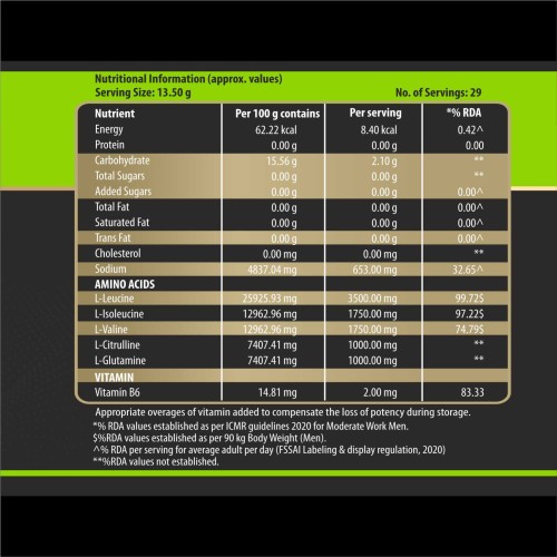 Megagrow BCAA Advance Supplement Powder Green Apple Flavor- Zero Sugar | 29 Servings, 400gm