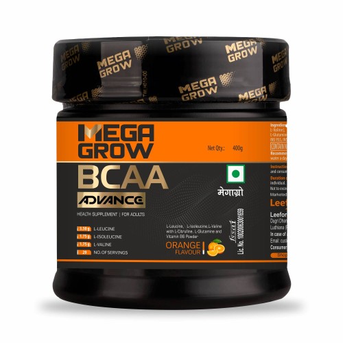 Megagrow BCAA Advance Supplement Powder in Orange Flavor - Zero Sugar, 8.40 Kcal Energy, L-leucine 3.50g, L-isoleucine 1.75g, L-valine 1.75g,400gm