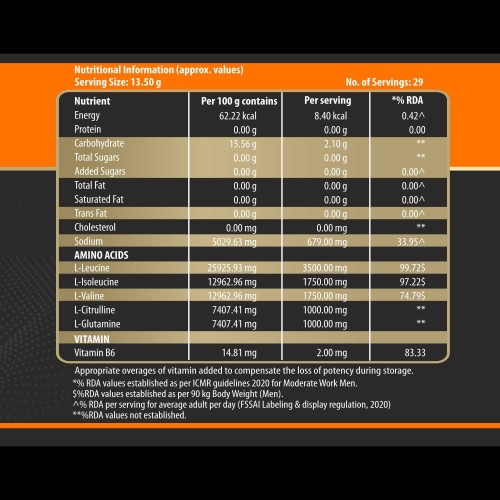 Megagrow BCAA Advance Supplement Powder in Orange Flavor - Zero Sugar, 8.40 Kcal Energy, L-leucine 3.50g, L-isoleucine 1.75g, L-valine 1.75g,400gm