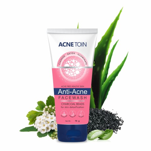 Acnetoin Anti-Acne Facewash with Charcoal Beads for Acne, Pimples & Skin Detoxification | Sulphate & Paraben Free - 70g